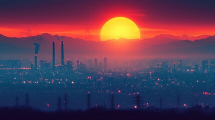 Fototapeta premium Smoke billowing from industrial chimneys pollutes the atmosphere during a vibrant sunset over a sprawling cityscape framed by distant mountains, emphasizing urbanization's environmental impact