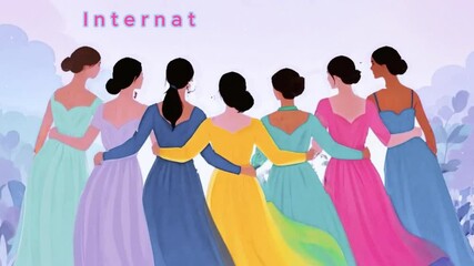 international women's day 8 march text variety of female silhouettes standing sideways Strong and brave girls of different womens support each other 4k video
