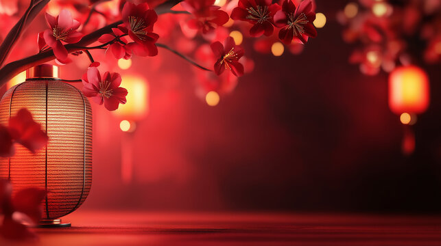 Red Chinese New Year lanterns hang on the branch of tree with Holiday festive background concept.Happy Chiness New Year banner layout.Greeting cards, festive bokeh lights. 