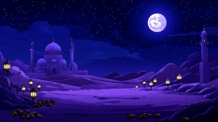 Naklejka premium Beautiful Night Scene of Mosque Under Full Moon in Ramadan