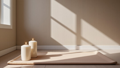 Calm meditation setting with lit candles and soft sunlight pouring through the window