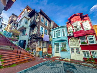 Balat district street view with colorful houses in Istanbul, Turkey.