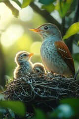 Bird mother protects two baby birds in nest.