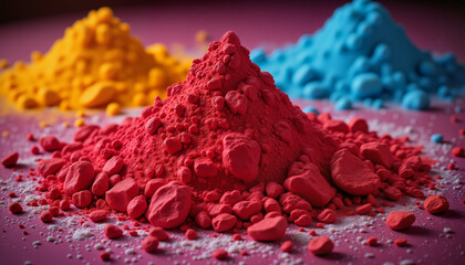 Close-up of vibrant gulal powder in red, blue, and yellow hues with soft sunlight reflections on pink surface