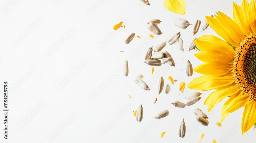 Aufkleber sunflower seeds and yellow petals are levitating on a white background, creating a visually appealin