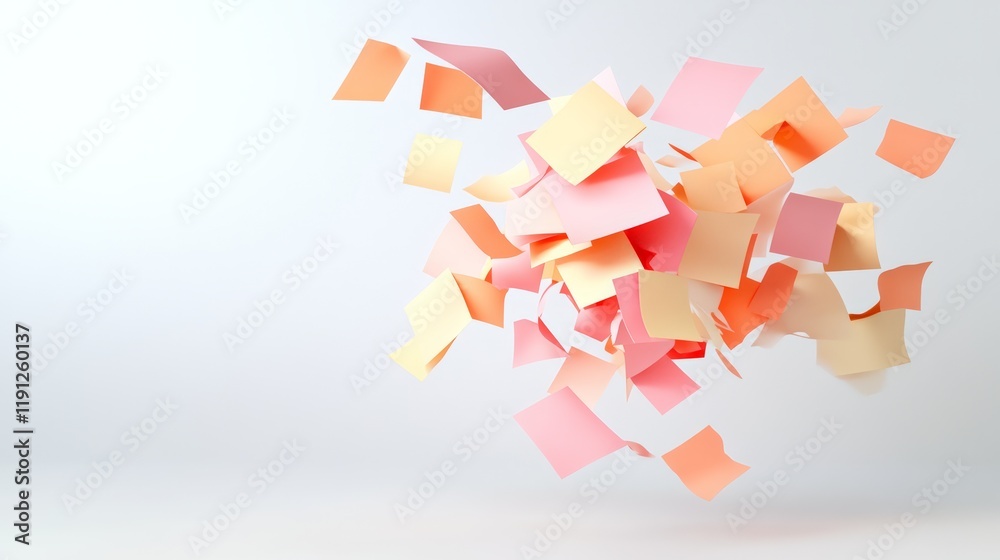 Poster Cluster of colorful sticky notes floating against a minimalist white backdrop, creating a dynamic and vibrant visual representation of ideas, brainstorming, and creative thinking