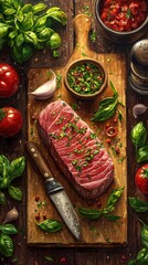 Culinary preparation fresh tuna steak rustic kitchen digital art composition natural ingredients top view gourmet concept
