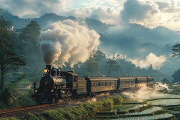 Steam train travels scenic mountain rice paddies.