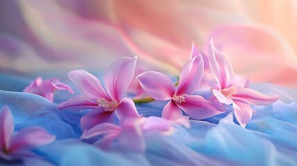 Fototapeta premium Delicate Pink Flowers Resting on Soft Blue Fabric