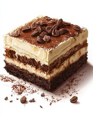 Decadent tiramisu slice flat lay on white background for dessert lovers