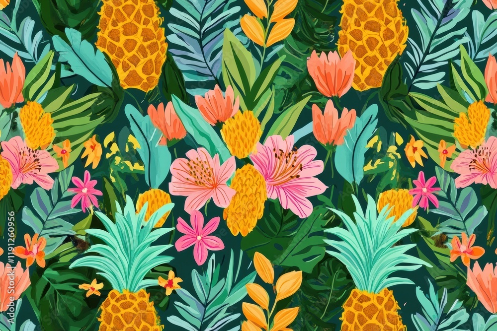 Poster vibrant tropical seamless pattern showcasing playful pineapples and colorful flora. generative ai
