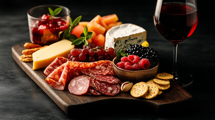 Delicious charcuterie board with meats, cheeses, fruits, and wine prepared for an evening gathering at home