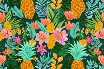 Vibrant tropical seamless pattern showcasing playful pineapples and colorful flora. Generative AI