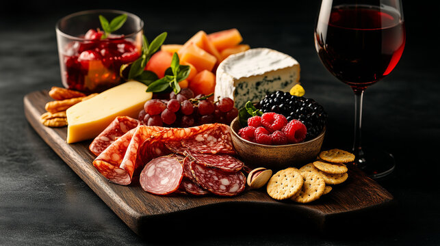 Delicious charcuterie board with meats, cheeses, fruits, and wine prepared for an evening gathering at home
