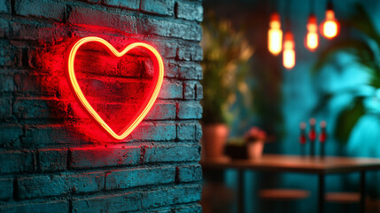Bright neon heart sign illuminated against a textured dark brick wall in a cozy cafe setting