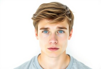 Portrait of a 16-year-old male teenager with brown hair and blue eyes