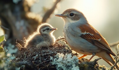Fototapeta premium Bird and chick nestled in sunlit nest.