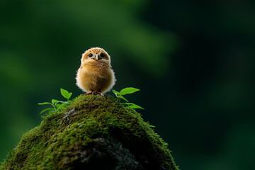 Owlet perched on a mossy rock surrounded by greenery in a serene forest setting