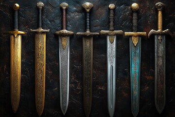 Seven ornate swords, dark background.