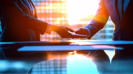 business partnership and contract. formally dressed men passing envelope to each other in business district