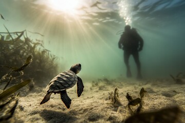 Kemps ridley sea turtle hatchling swimming toward diver
