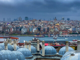 Panoramic view of Istanbul, Turkey. Istanbul through the domes and chimneys of the Suleymaniye Complex