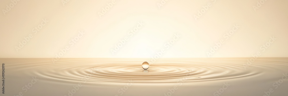 Poster single golden drop falling and creating ripples on a calm liquid surface, with a soft, warm light il
