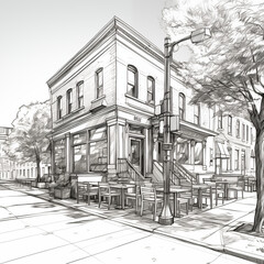 Fototapeta premium Street cafe in the city, umbrellas and tables. Illustration in vintage style,. simple black and white sketch, minimalism