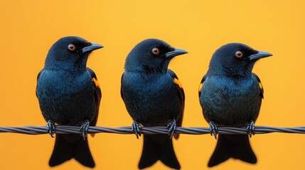 Fototapeta premium Three blackbirds perched on wire against vibrant yellow background
