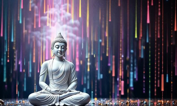 white color buddha in a meditation pose at a black background with a color matrix rain. vesak festival, buddhist festival and lord buddha, meditation and mindfulness, technology and buddhism