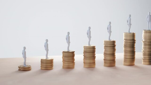 Miniature figures standing on increasing stacks of coins, symbolizing salary growth, career progression, or wealth accumulation over time.