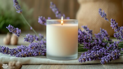 Soothing aromatherapy: lit candle surrounded by lavender blossoms for relaxation