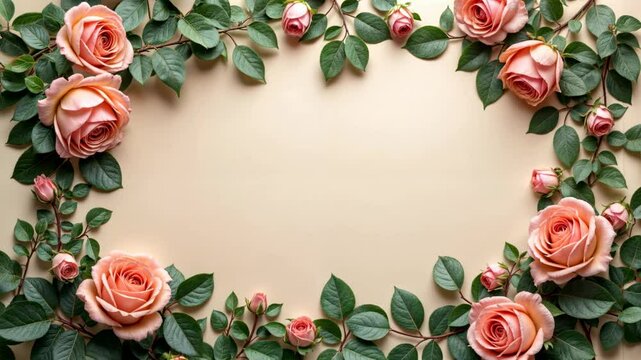 Delicate peach roses with green leaves forming a symmetrical floral frame on beige background. Concept of beauty, nature, and celebration.
