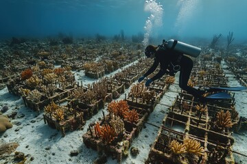 Diver restoring damaged reef with vibrant coral fragments in sunlight