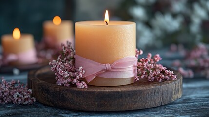 Elegant candle with pink ribbon and blossoms on wooden base in serene setting