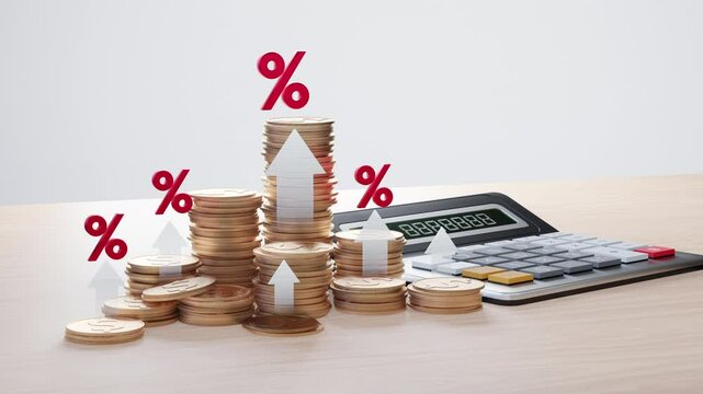 Stacked coins with upward arrows and percentage symbols representing rising interest rates, economic growth, or tax calculations, alongside a calculator.