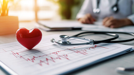 Fototapeta premium abstract image on the topic of heart health and cardiovascular system, cardiogram on the doctor's table