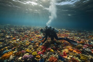 Diver restoring damaged reef with vibrant coral fragments in sunlight