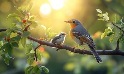 Obraz premium Parent bird and chick on sunlit branch.