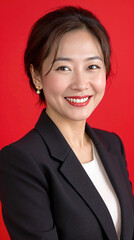 Smiling Asian businesswoman in black blazer against red background