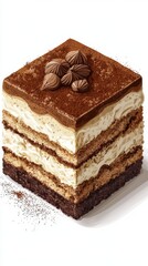 Delicious tiramisu slice isolated on white background food culinary art top view dessert concept