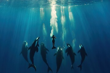 Diver swims with orcas in vibrant ocean scene