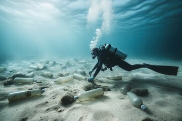 Diver cleans ocean floor plastic debris serene underwater scene