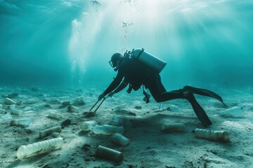 Diver cleans ocean floor plastic debris serene underwater scene