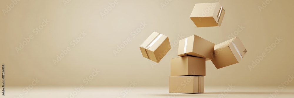 Aufkleber Multiple closed cardboard boxes with white tape are floating and levitating in the air, creating a dynamic and intriguing visual against a clean, minimalist beige backdrop