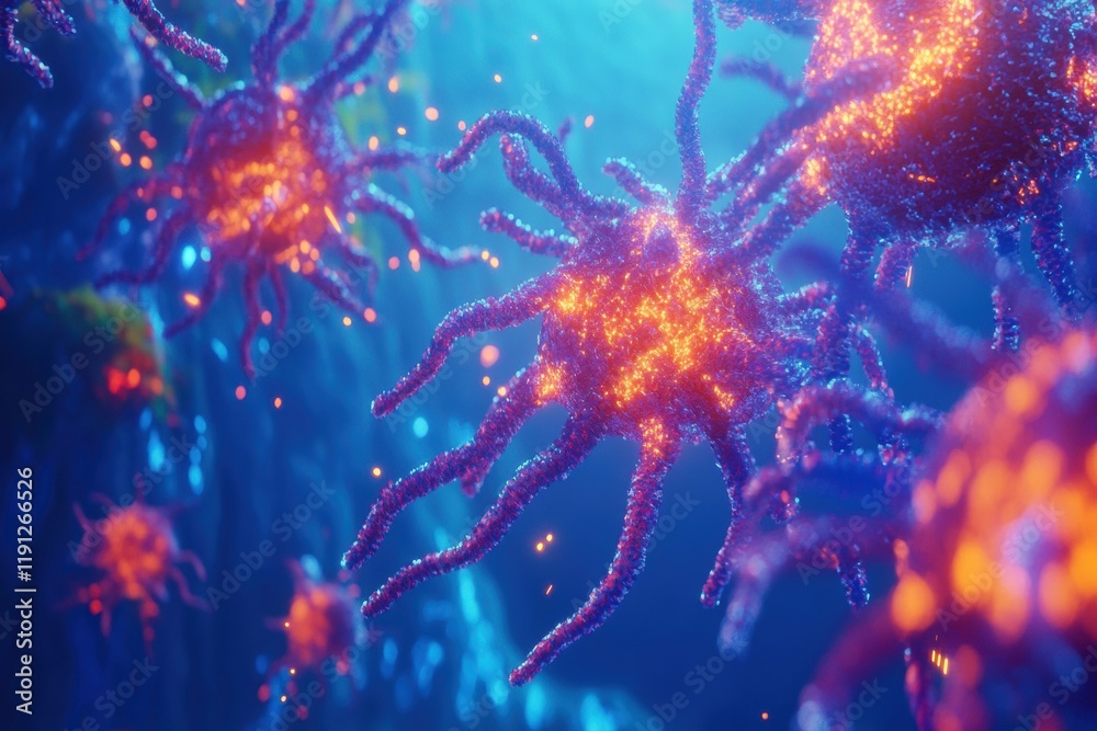 Poster immunological defense with antibodies targeting glowing viruses in a microscopic environment. genera