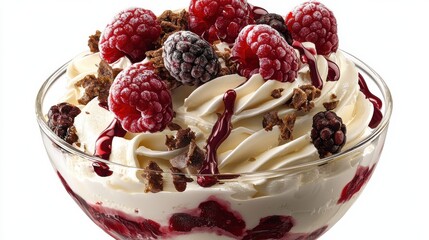Decadent ice cream sundae with raspberries isolated on white background food gourmet dessert close-up view