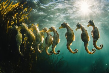 Seahorses swimming with vibrant colors among kelp forest