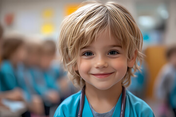 Children in a kindergarten dressed as doctors, engaging in a playful and educational activity to learn about healthcare and caring for others