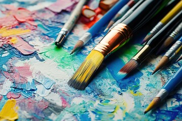 Paints and brushes on an artist's palette